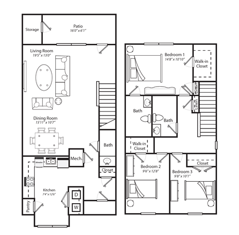 Floor plan for 3 beds, 2.5 baths, 1451 sqft